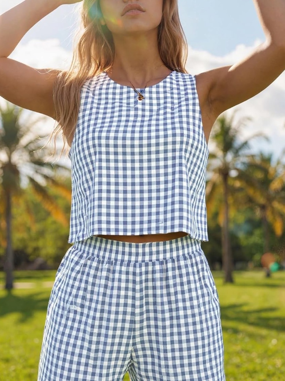Women’s 2 Piece Linen Blue Gingham Tank Top Wide Leg Pants Set Size S 2 4 6 - Picture 5 of 9